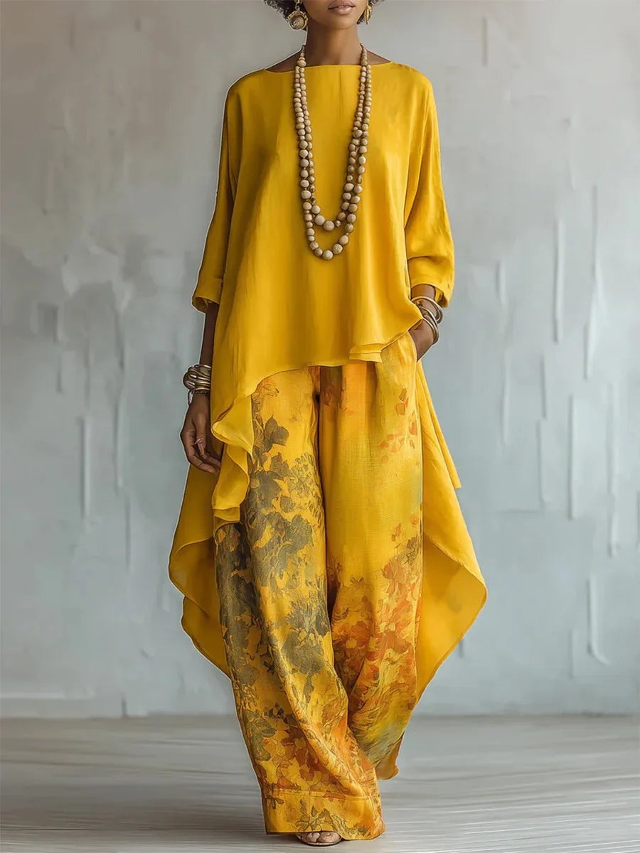 Asymmetric hem top and floral wide leg pants set front view