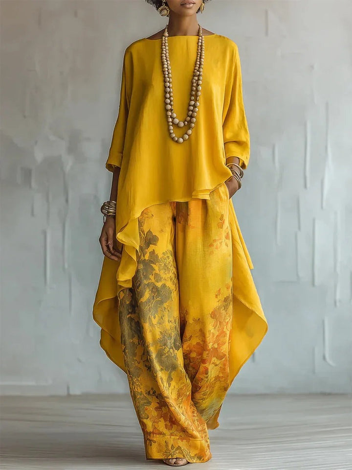 Asymmetric hem top and floral wide leg pants set front view