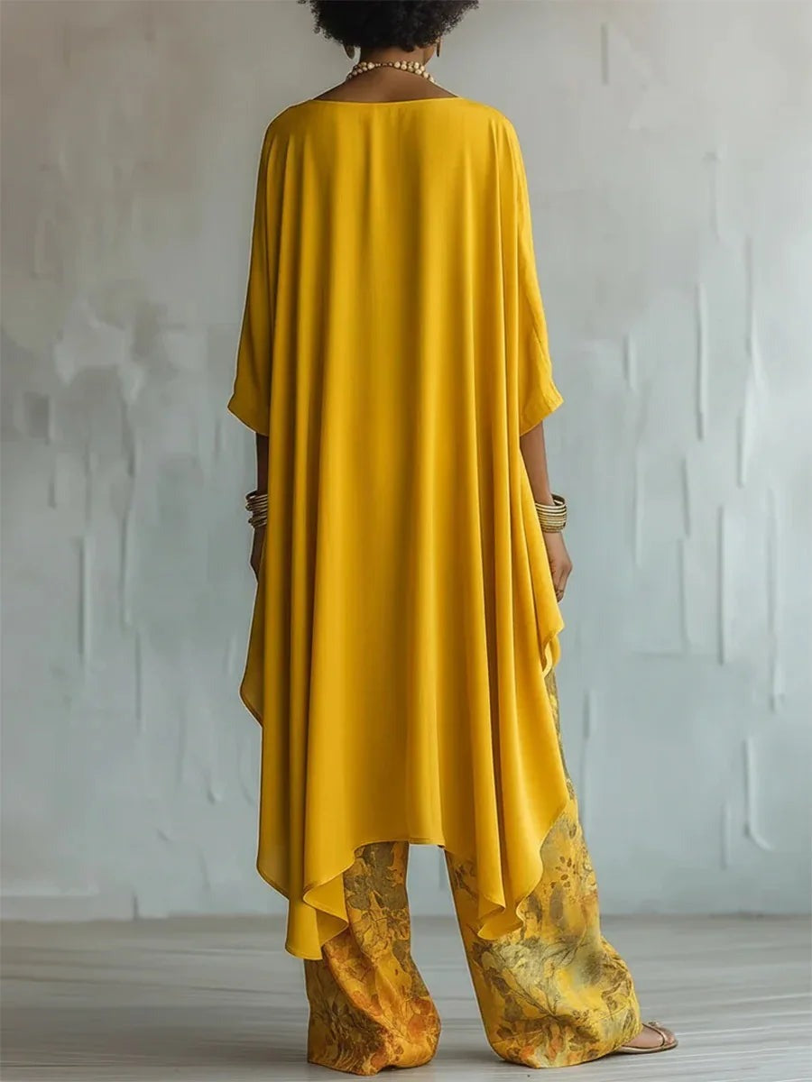Draped top and printed wide leg pants set back view