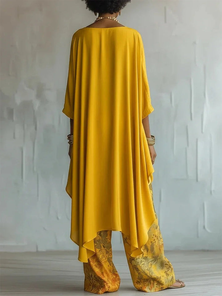 Draped top and printed wide leg pants set back view