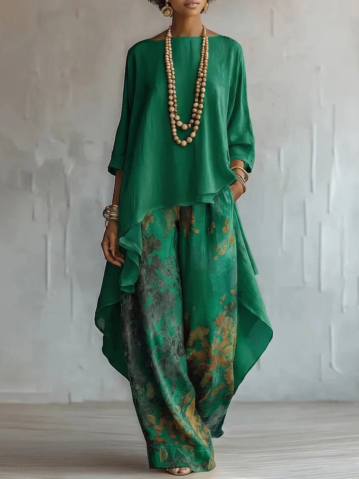 Floral wide leg pants and draped top set front view