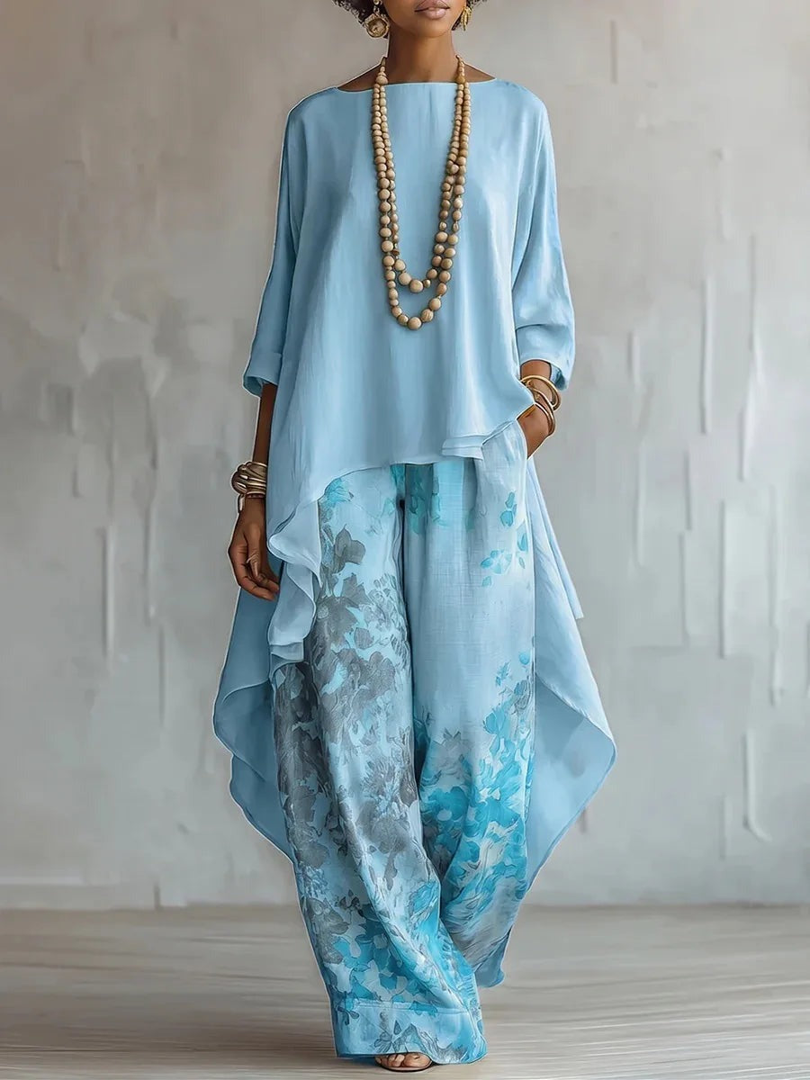Two piece set with asymmetric top and printed pants front view