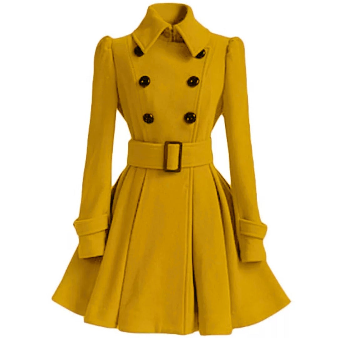 Belted double breasted fit and flare pea coat front view