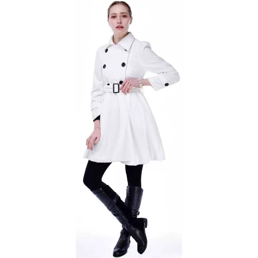 Double breasted fit and flare pea coat with belt front view