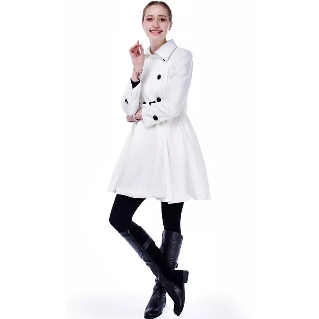 Double breasted pea coat with buckled belt worn front view