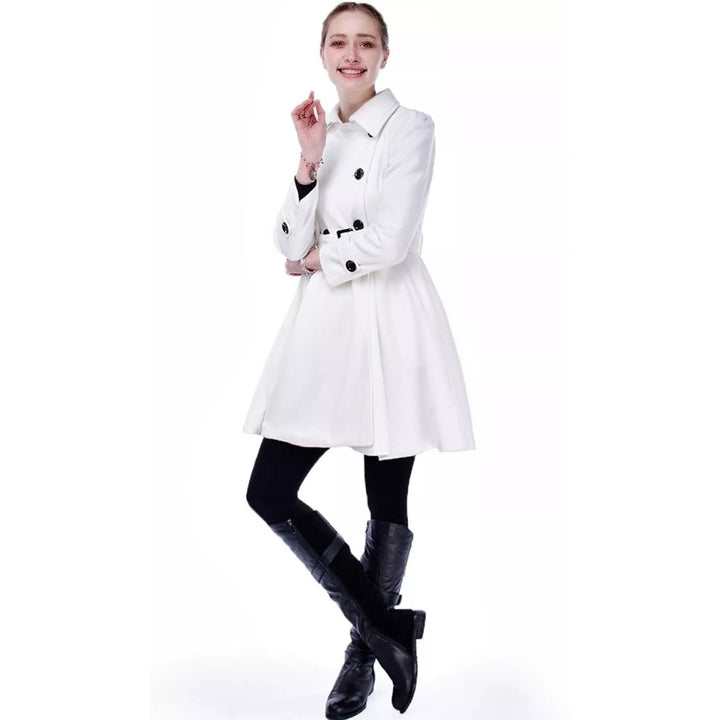 Double breasted pea coat with buckled belt worn front view