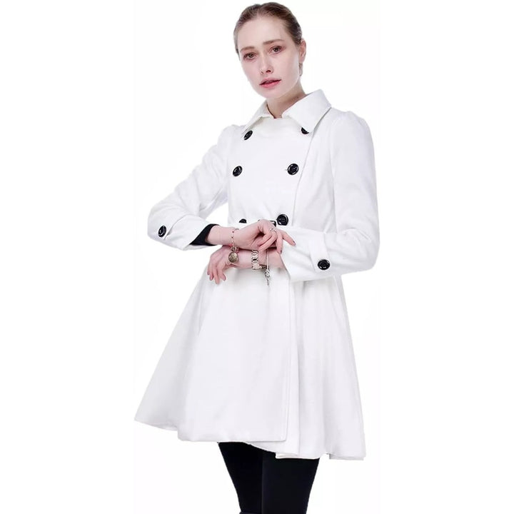 Fit and flare pea coat collar and buttons front view