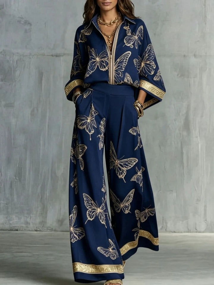 Butterfly print shirt and wide leg pants set front view