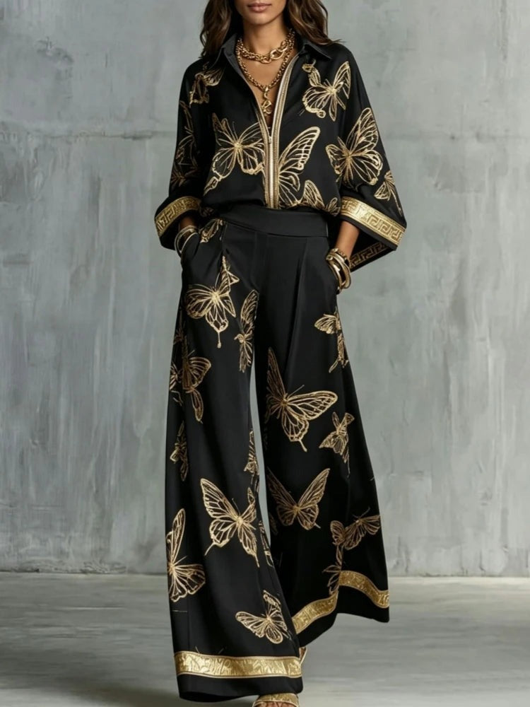 Button front butterfly print shirt with border trim and wide leg pants front view