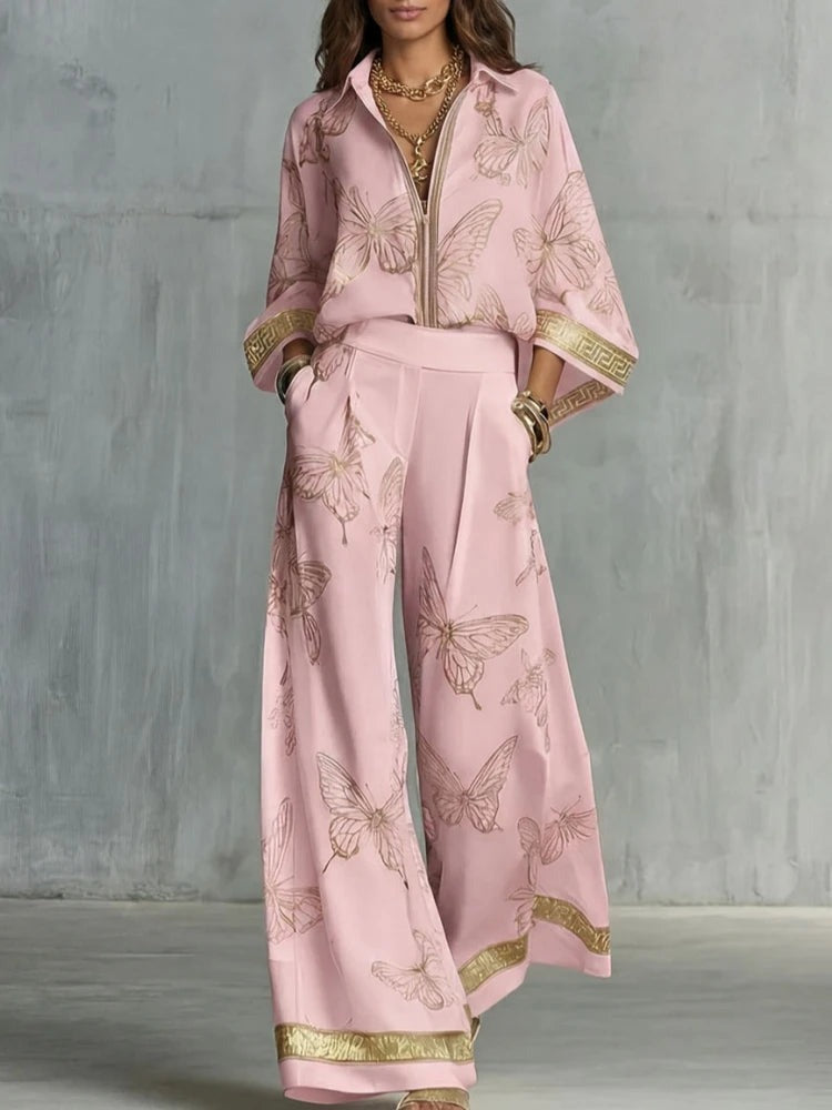 Butterfly print wide leg pants set front view