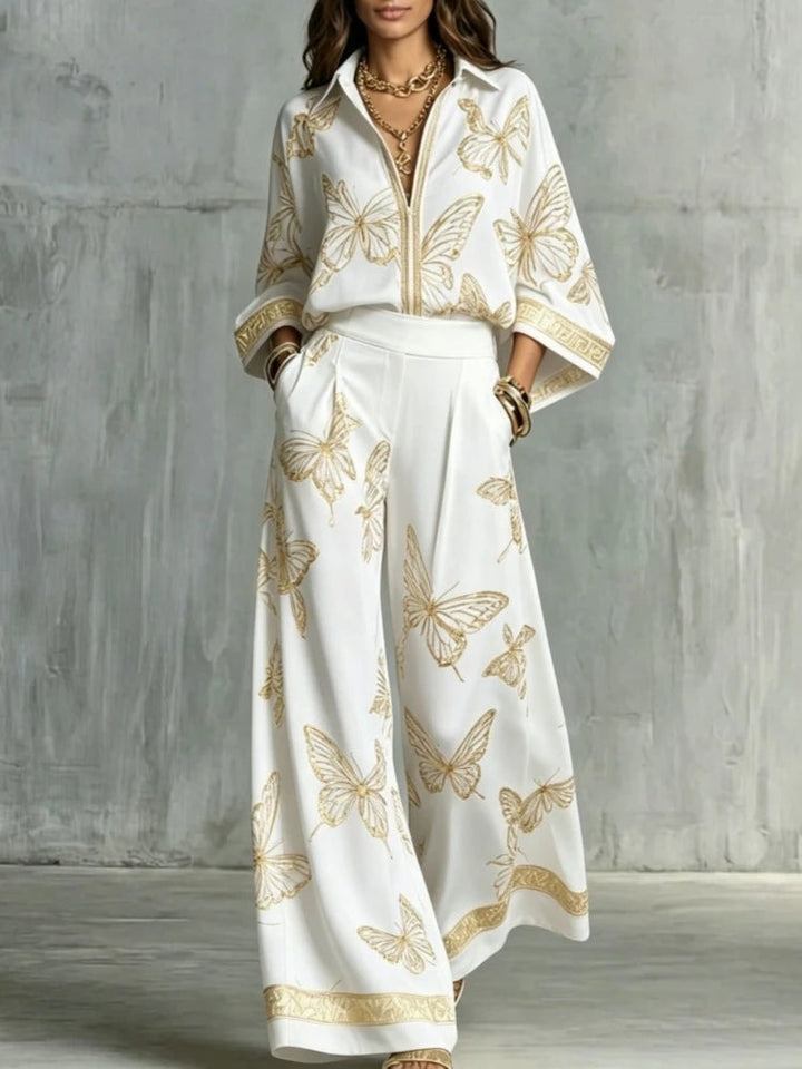 Printed shirt and pleated wide leg pants set front view