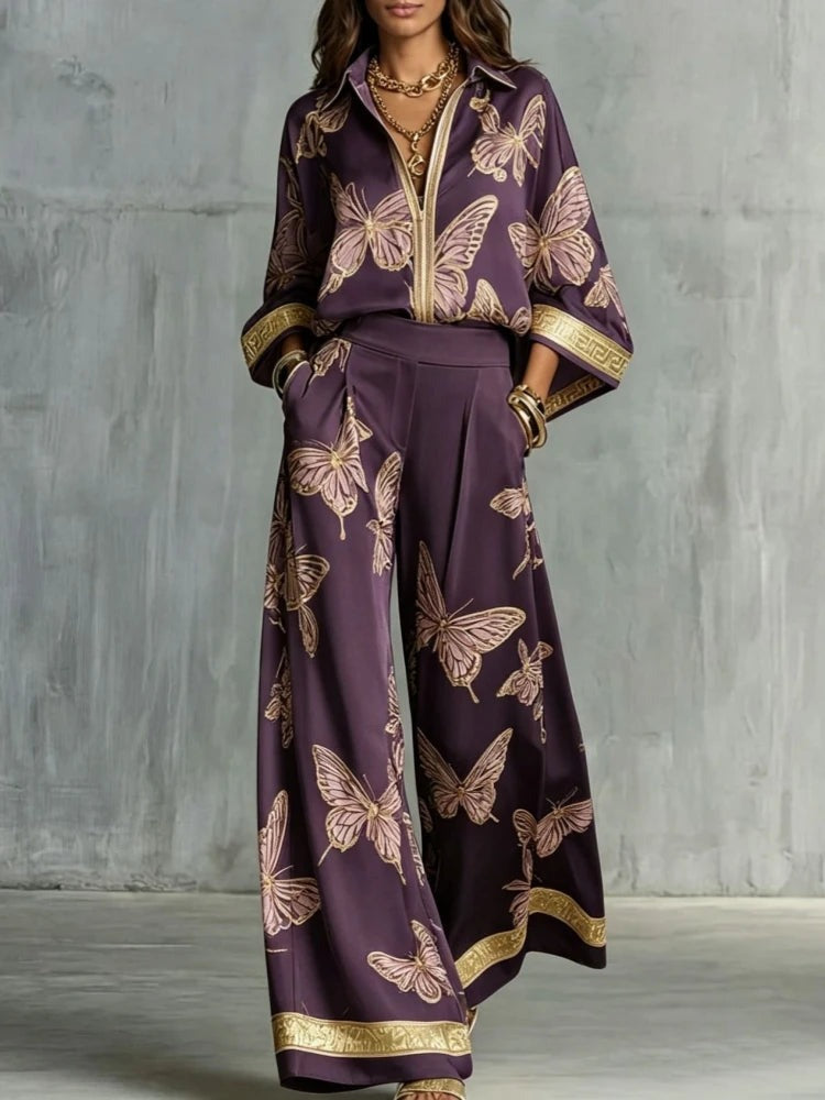 Butterfly print two piece set with three-quarter sleeves front view