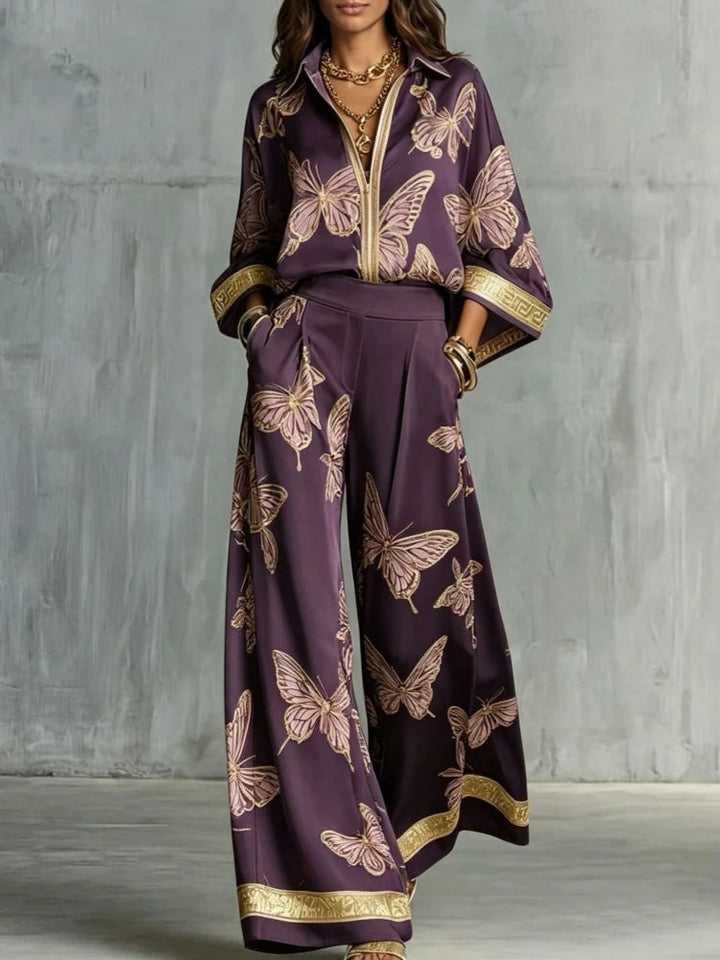 Butterfly print two piece set with three-quarter sleeves front view