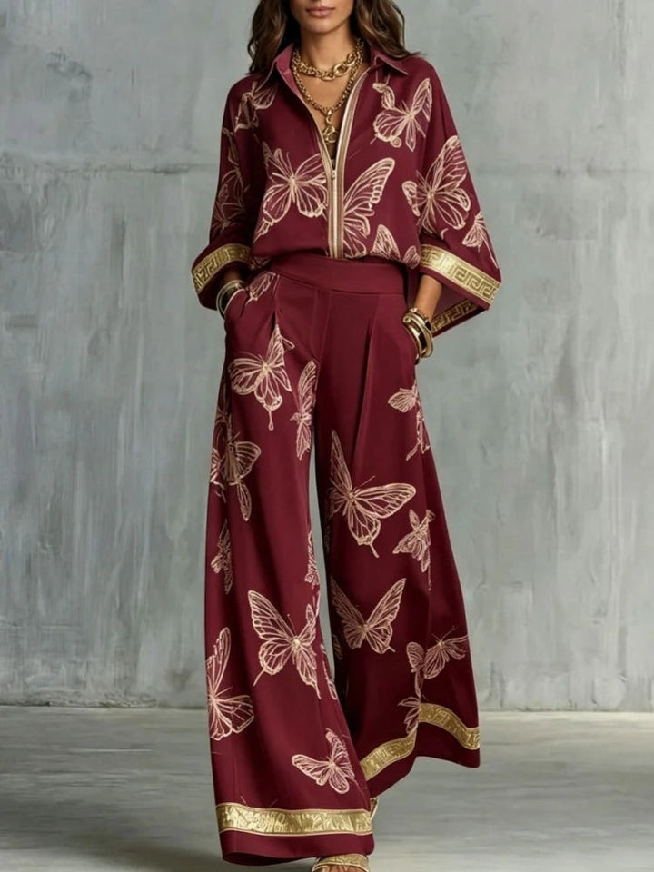 Butterfly print button front shirt and pants set front view