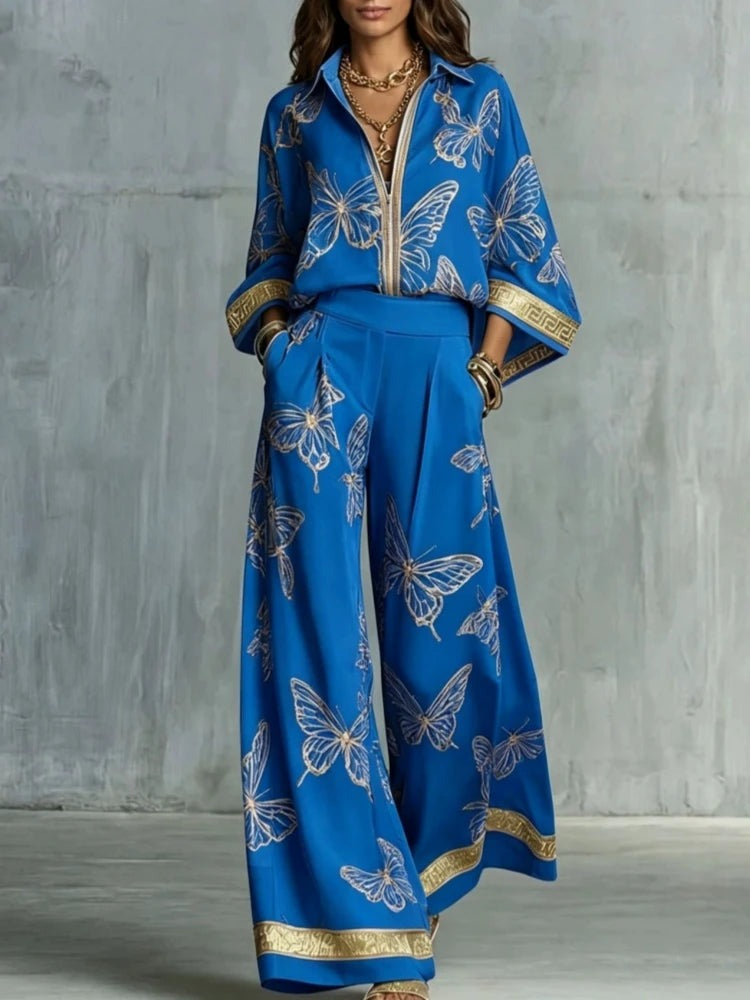 Butterfly print shirt and wide leg pants with side pockets front view