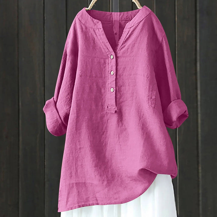 Cotton linen blend split V neck tunic shirt front view on hanger