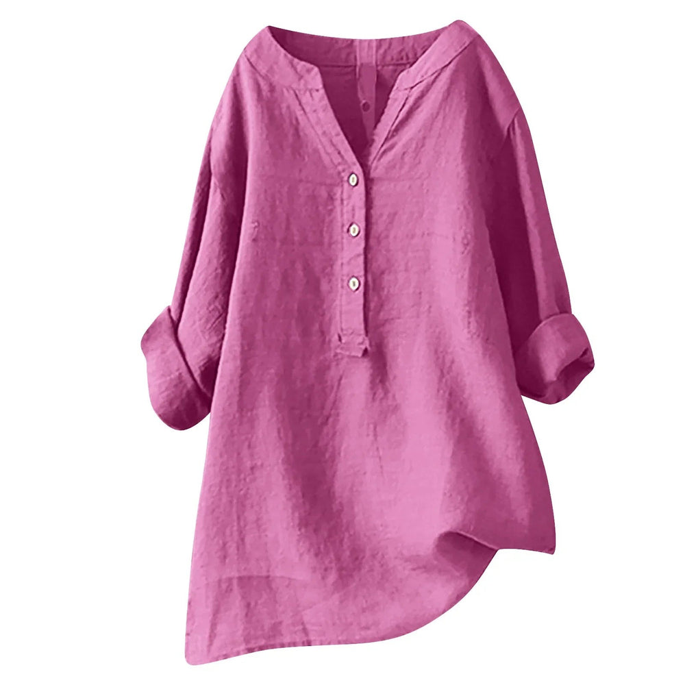 Oversized V neck tunic shirt with button placket front view