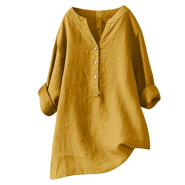 Cotton linen blend tunic shirt with rolled sleeves front view