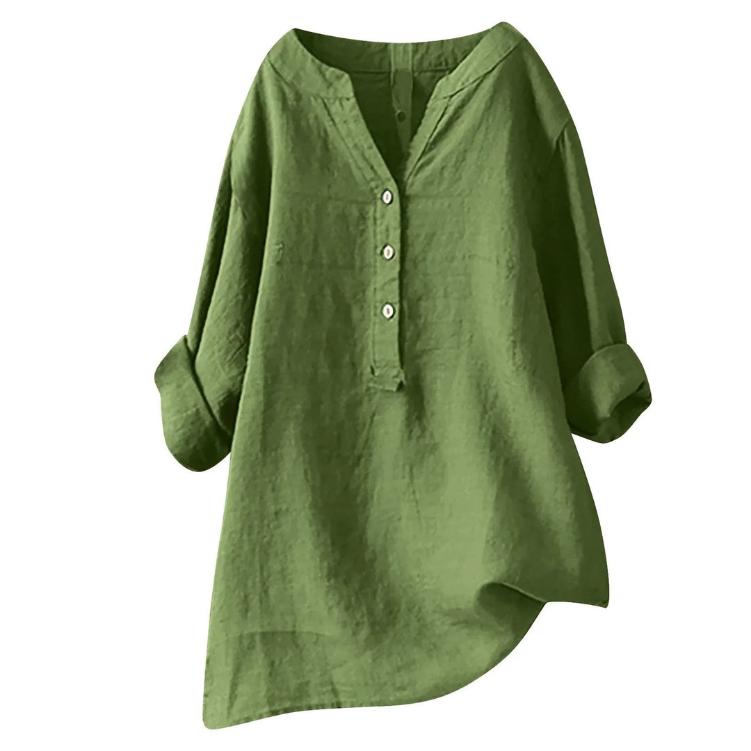 Split V neck oversized shirt with curved hem front view