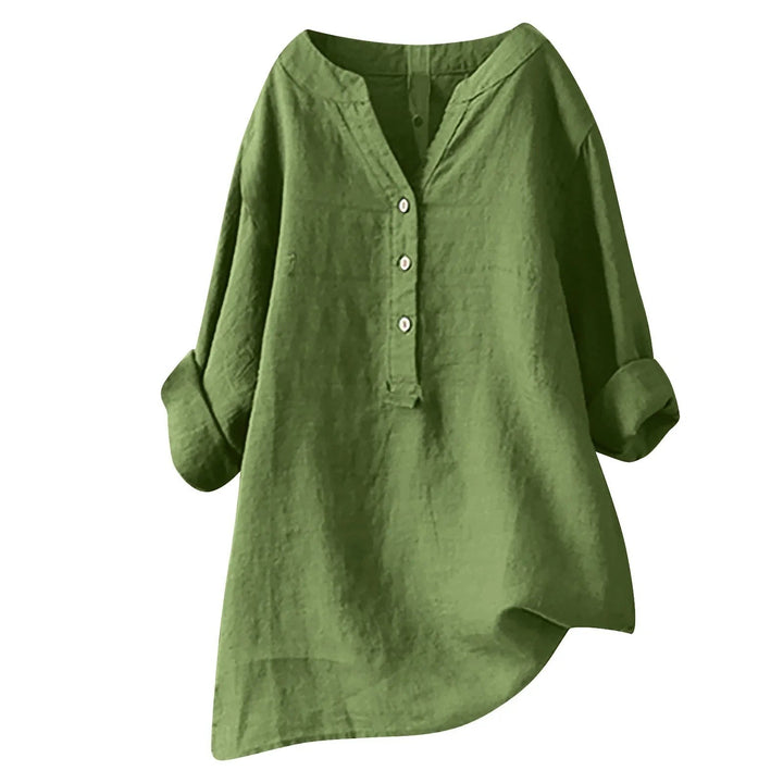 Split V neck oversized shirt with curved hem front view