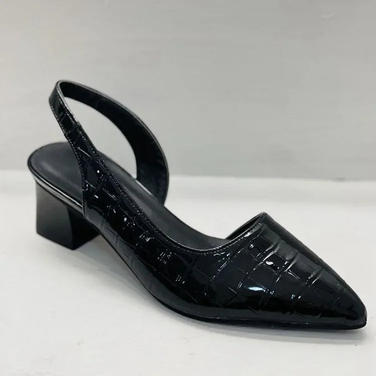 Croc-effect pointed toe slingback block heel pump side view