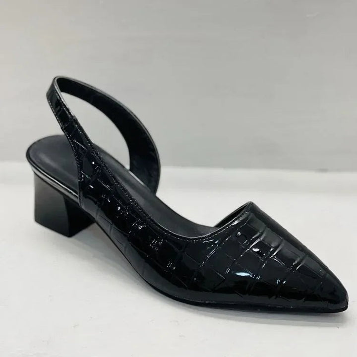 Croc-effect pointed toe slingback block heel pump side view
