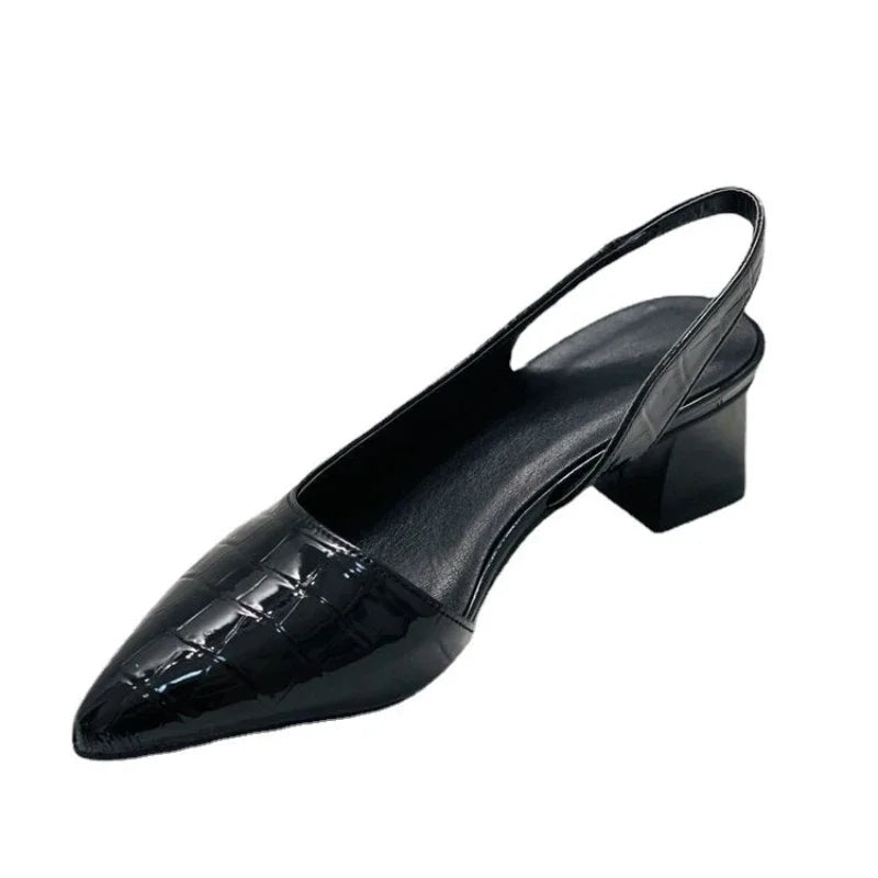 Slingback block heel pump three-quarter view