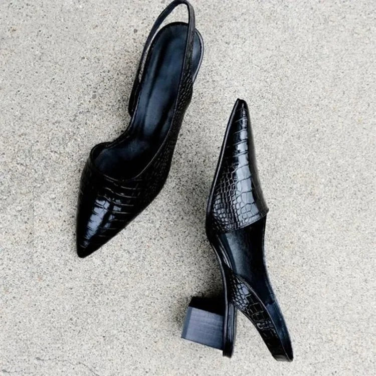 Pair of croc-embossed slingback pumps top and side view
