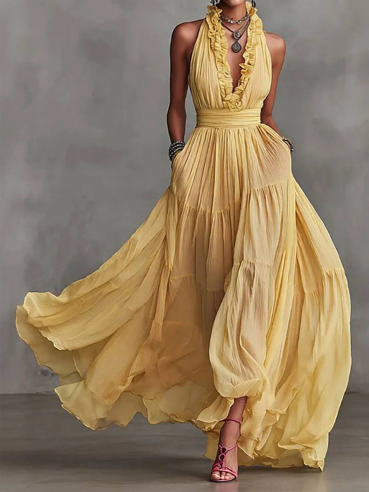 Ruffle trim halter tiered maxi dress front view