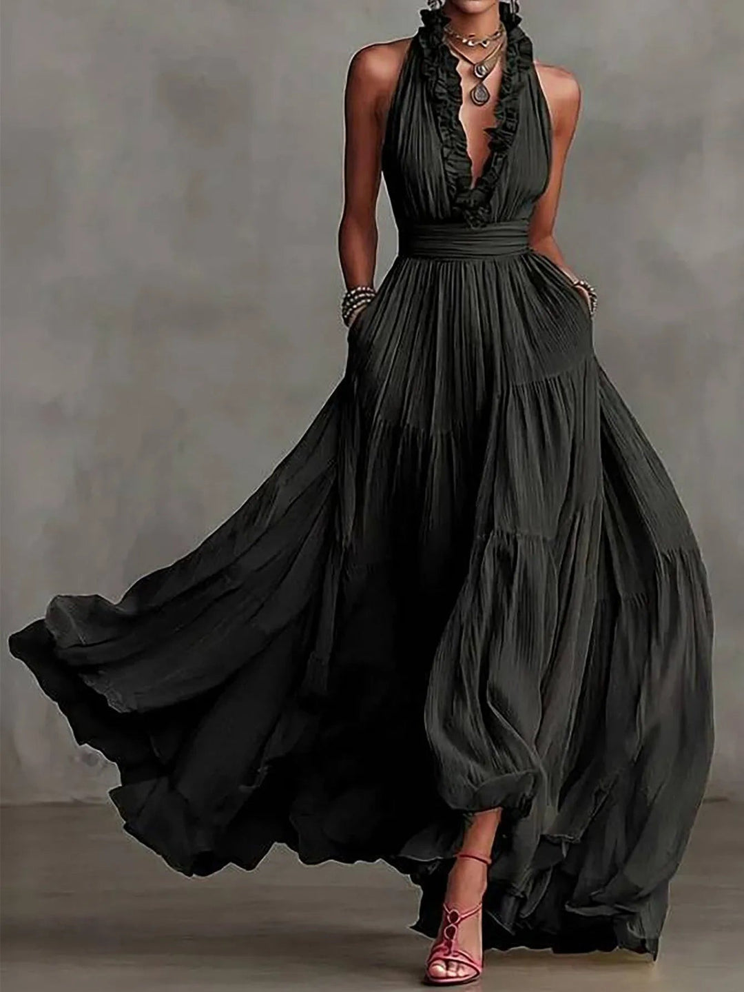 Plunging V neck ruffle halter maxi dress front view