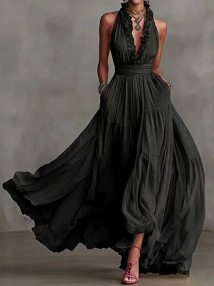 Plunging V neck ruffle halter maxi dress front view