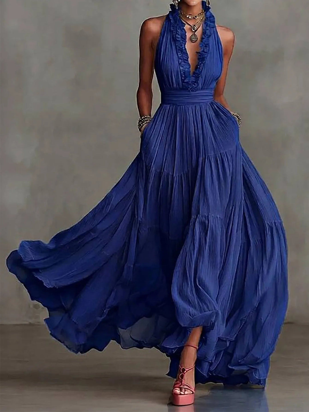Halter tiered maxi dress with wide waistband front view