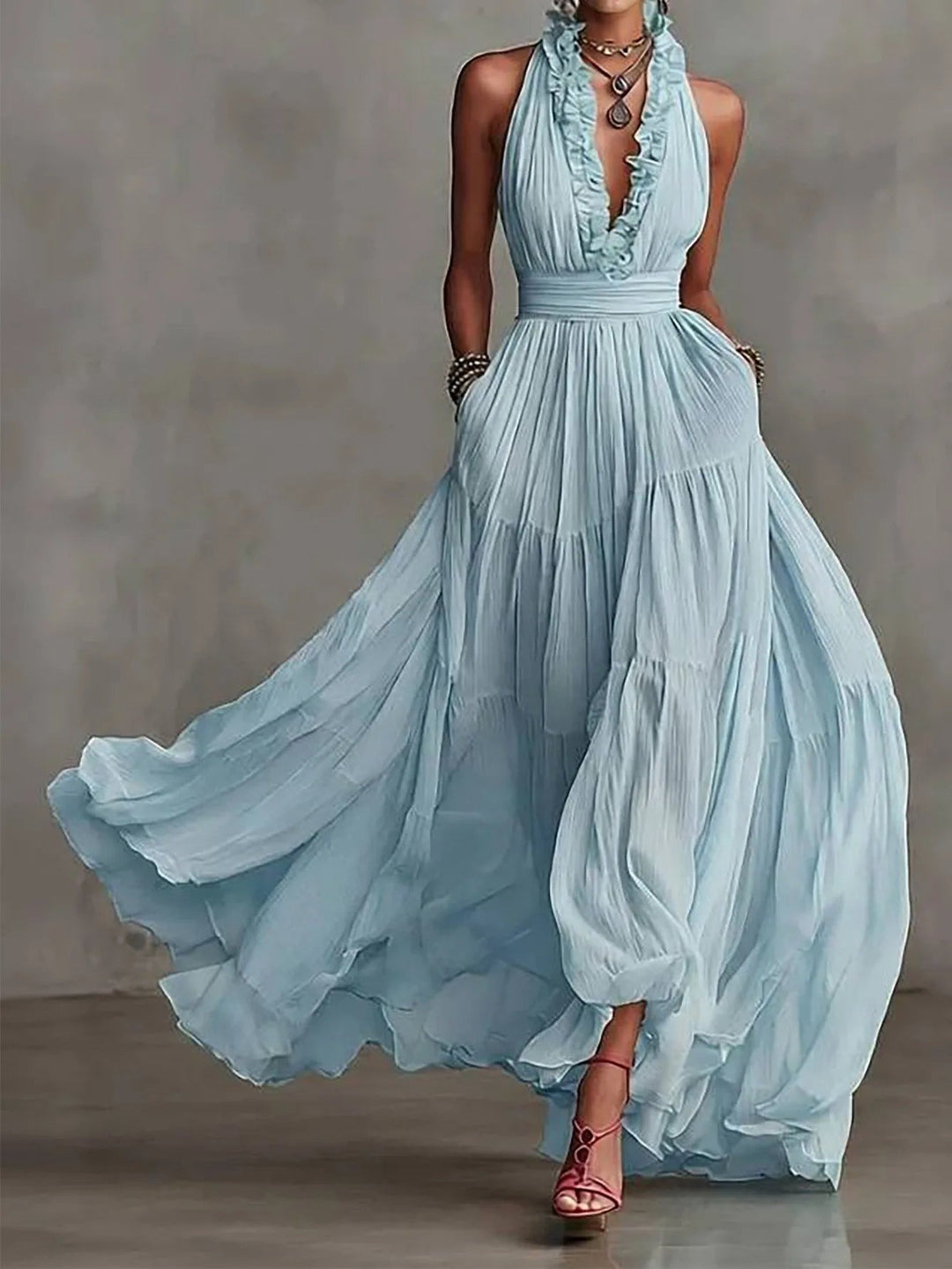 Ruffle trim plunge neck evening maxi dress front view