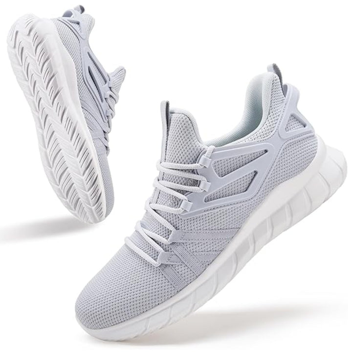 Knit mesh walking sneakers side view and chevron tread sole