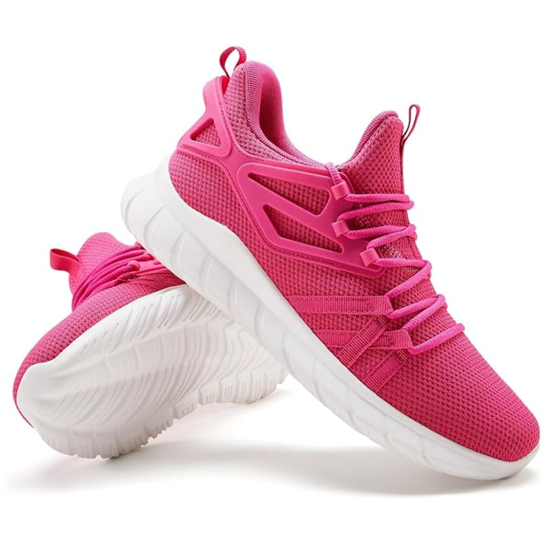 Pair of knit mesh walking sneakers side and heel view