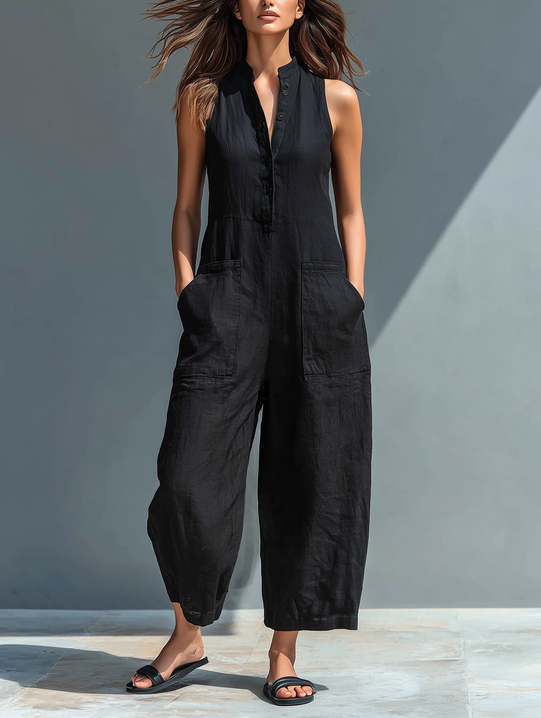 Linen-look sleeveless band collar wide leg jumpsuit front view