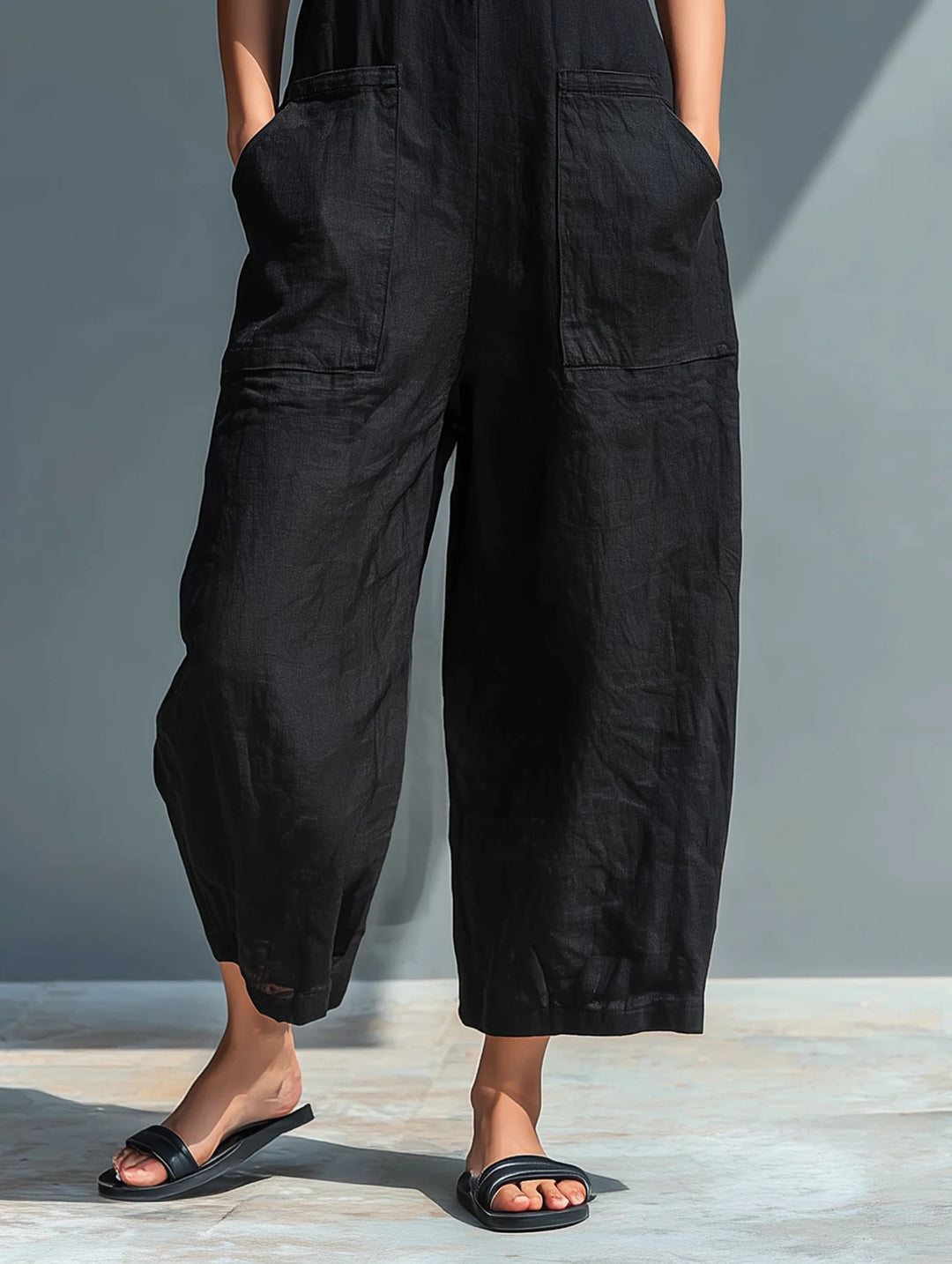 Cropped wide leg jumpsuit pocket and hem detail