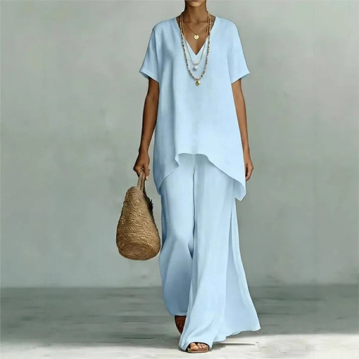 V neck high low top and wide leg pants set front view