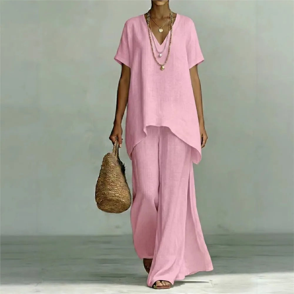 Short sleeve V neck two piece pants set front view