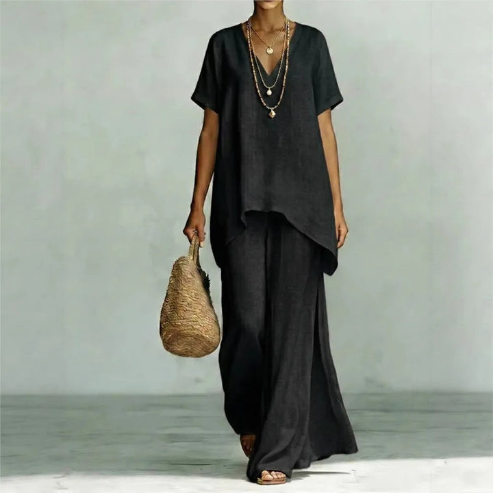 Linen-look top and wide leg pants set front view