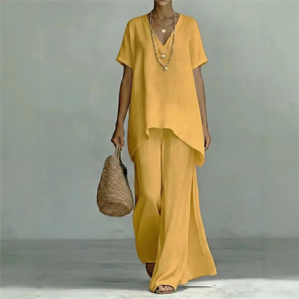 High low hem top with elastic waist wide leg pants front view