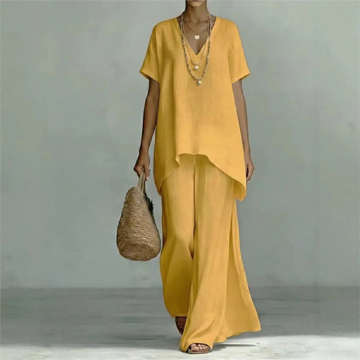 High low hem top with elastic waist wide leg pants front view