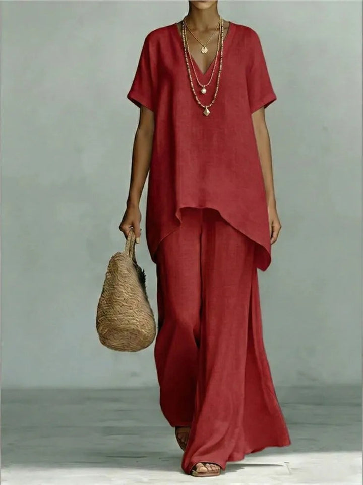 Short sleeve high low top and pants set full length front view