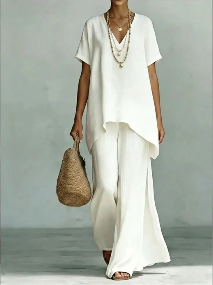 Linen-look V neck two piece set front view