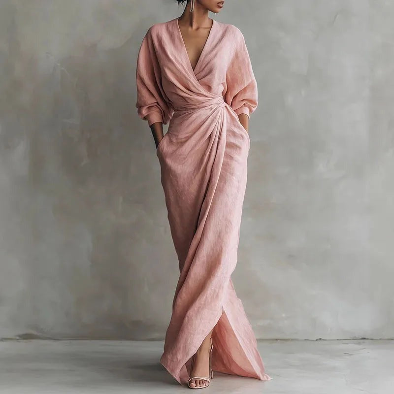 Long sleeve V neck wrap maxi dress front view