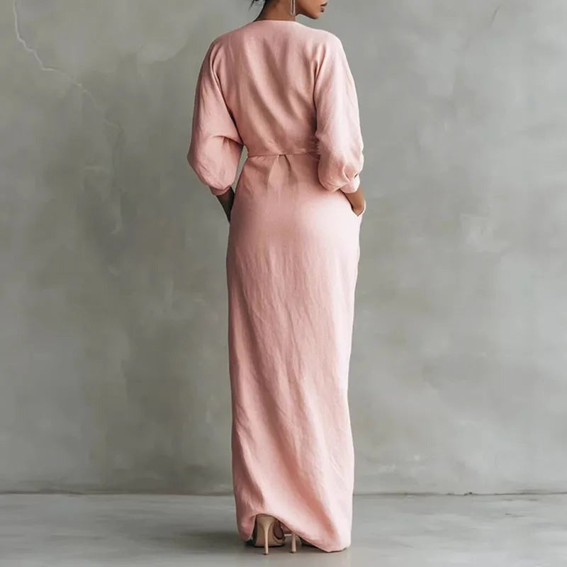 Long sleeve wrap maxi dress back view