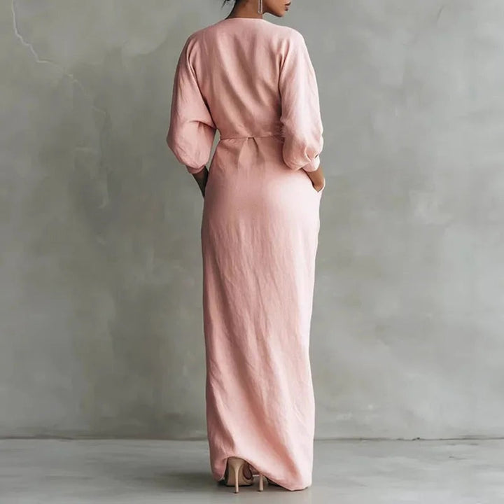 Long sleeve wrap maxi dress back view