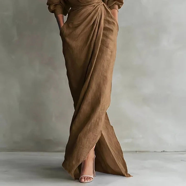 Wrap maxi dress front slit and skirt detail