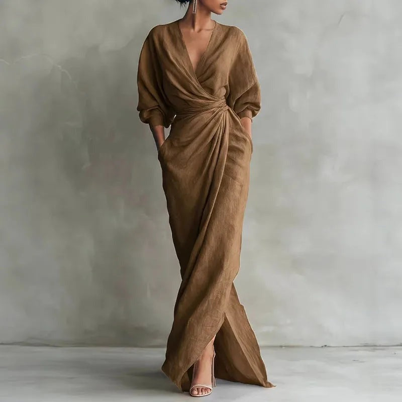 Long sleeve wrap maxi dress with side slit front view