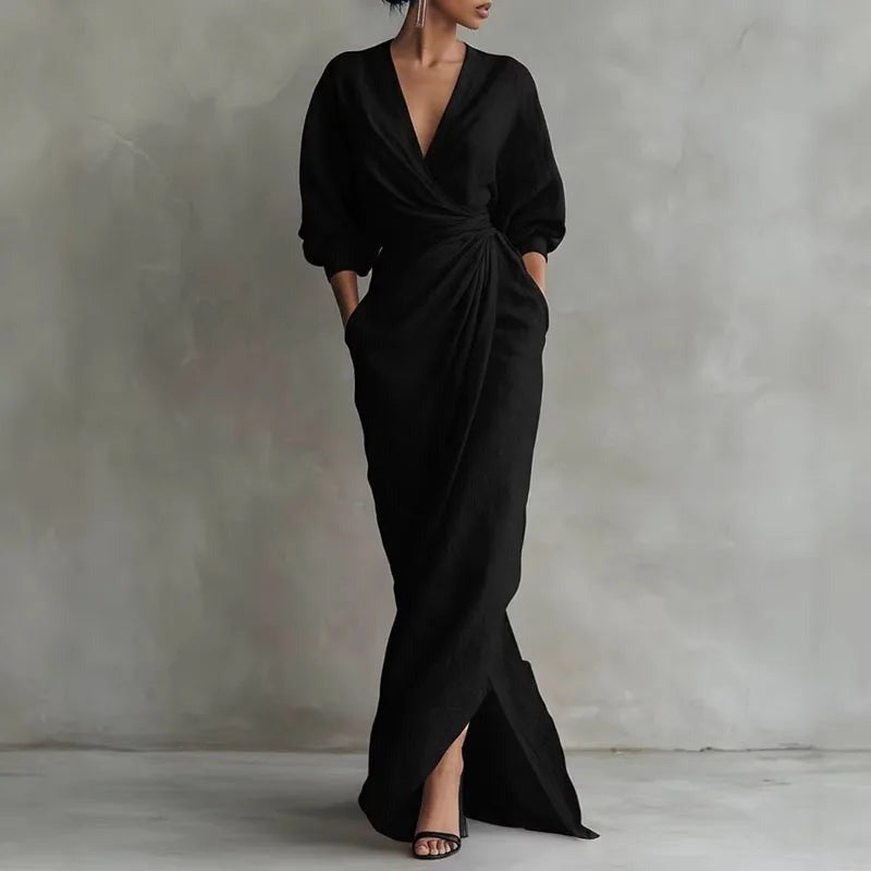 V neck wrap maxi dress full length front view